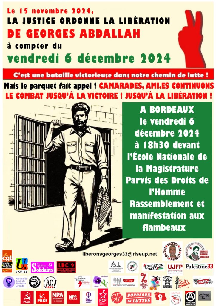 Affiche 6 décembre 2024 pour la libération de Georges Abdallah