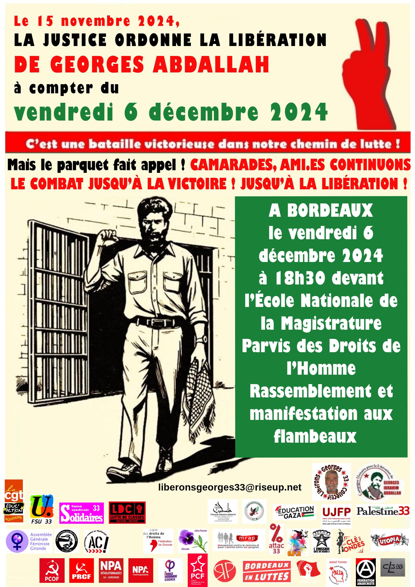 Affiche 6 décembre 2024 pour la libération de Georges Abdallah